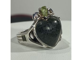 Sterling Silver , Peridot & Connemara Marble Heart Ring   - Ireland -