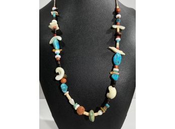 Vintage Native American Turquoise , Coral & Shell Bead Necklace