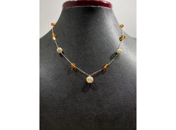 14 Yellow Gold Filigree Ball & Amber Bead Necklace