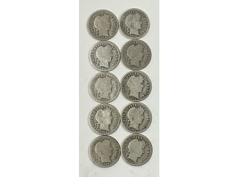 Lot Of 10 Old Silver Barber Dimes       1900 - 1916