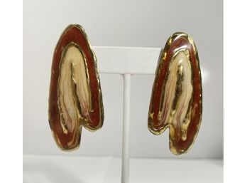 Signed Luciano Brass & Bronze / Cream Enamel Earrings