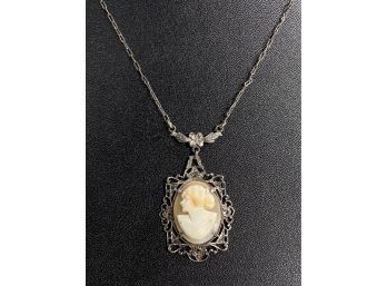 Antique Sterling Silver Ornate Cameo Necklace