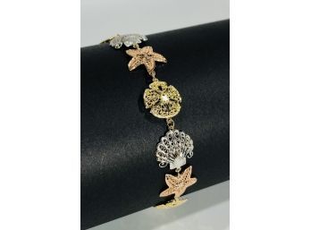 14 K Tri -  Color Gold Beach Theme Bracelet  - Starfish - Shell - Sand Dollar -