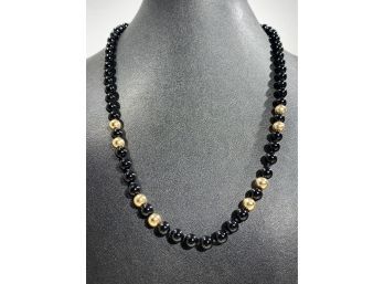 14 K Yellow Gold & Black Onyx Bead Necklace