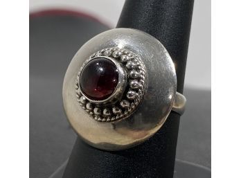 Large Round Sterling Silver & Garnet Cabochon Ring