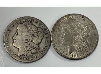 Lot Of 2 Morgan Silver Dollars   -  1904-S & 1921-D