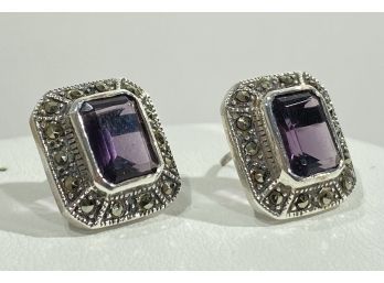 Vintage Sterling Silver , Amethyst & Marcasite Earrings