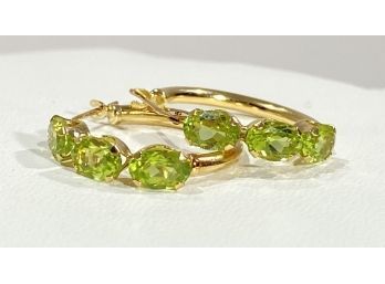 14 K Yellow Gold & 3 Stone Peridot Hoop Earrings