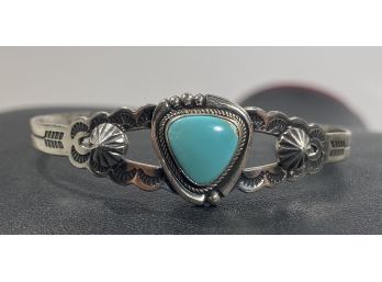 Vintage Sterling Silver & Light Blue Turquoise Native American Indian Cuff Bracelet   - Signed -