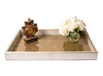 Peruvian Made Serving Tray, Decorative Clock And Faux Rose Floral Arrangement