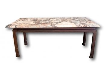 Antique Wooden Coffee Table With Beveled Marble Top