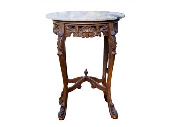 Antique Victorian Carved Wood Parlor Side Table With A Marble Top