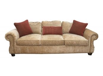 Duralee Custom Made Upholstered Three Cushion Sofa With Nailhead Trim And Pillows (RETAIL $2,589)