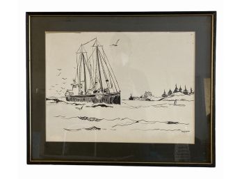 Signed Pen & Ink Fishing Boat Drawing