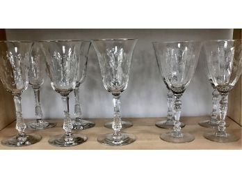 Two Sets Of Etched Wine Glasses (10 Pieces)