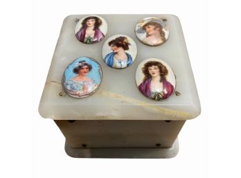 Antique 19th C Marble Box With Miniature Portrait Plaques