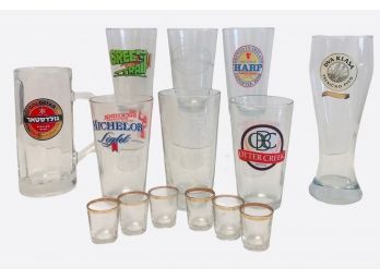 Lot Of  8 Craft Beer Glasses And 6 Antique  Shot Glasses