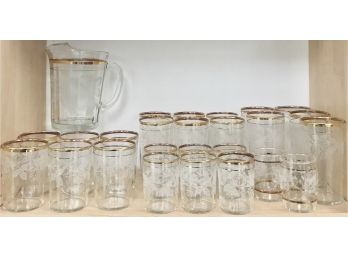 Antique Etched Glass Water Pitcher & Glass Set (26 Pieces)