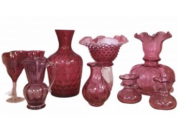 Cranberry  Glass Lot With  Fenton Hobnail Cranberry Opalescent Bowl