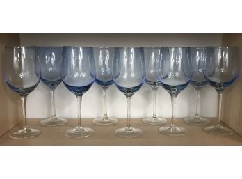 Set Of Nine Blue Glass Wine Goblets