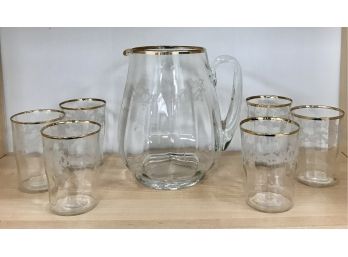 Antique Etched Glass Water Pitcher & Six Glasses