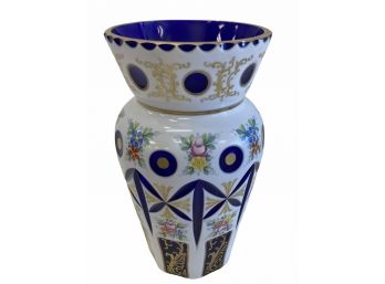 Exquisite Hand Painted Czech Cut Cobalt Glass Vase 12' X 7'