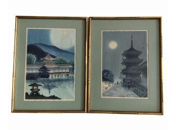Pair Of Vintage Japanese Woodblock Prints In Gold Bamboo Frame