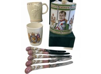 Queen Elizabeth Ceramic Cups,  Napoleon Cognac Decanter Plus Fruit Knives