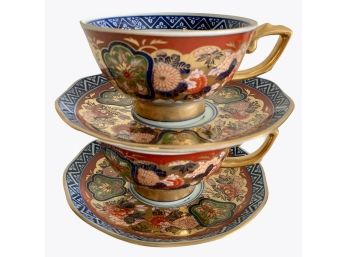Pair Large Japanese Imari Porcelain Cups With Saucers