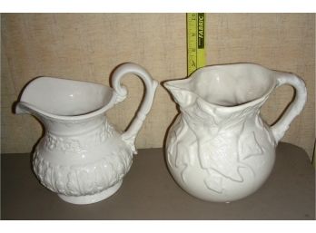 Two White Ceramic Pitchers, 7 Inches Tall