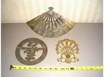 Lot: 3 Piece Metal And Brass - Fan, Trivet, Bouquet