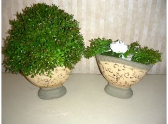 Pair Of Ceramic Planters With Plastic Flowers