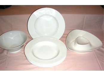 White Dishes: 4 Bangladesh Shallow Soup Bowls,  Oneida Chip And Dip Bowl,  Unmarked Bowl