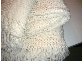 Two Off-white Throws With Fringe: One Is From Greenbrier Needle Arts (B)