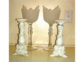 Pair Of Glass Candle Holders And Pair Of Candlesticks