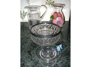 Lot Of 5 Glass Items: Ralph Lauren Pitcher, Painted Vase, Bowls