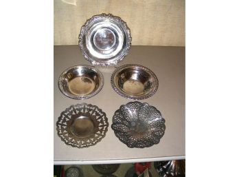 5 Pieces Of SilverPlate And Metal Small Round Bowls, 2 Pierced, 1 Etched