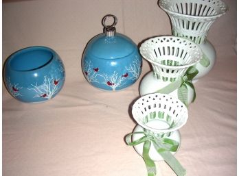 Set Of 3 Graduated Pierced Vases And 2 Teleflora Blue Containers With Red Birds