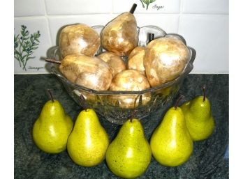 Faux Pears With Glass Bowl: 5 Green, 7 Gold Colored