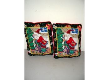 Pair Of Mary Engelbreit Christmas Themed Needlepoint Pillows 11 X 9 Inches