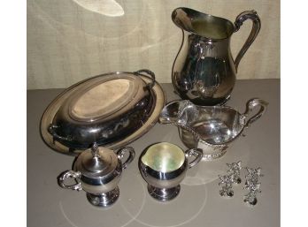 SilverPlate Hollowware Lot: Pitcher With Ice Lip, Covered Dish, Sugar And Creamer, Gravy Plus 4 Angels