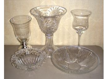 Lot Of 5 Pieces Of Colorless Glass, Including Towle Centerpiece Vase