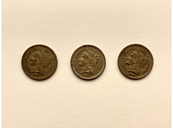 Three - 3 Cent Nickel Pieces From 1868, 1871 & 1873