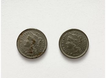 Two 1881 Three Cent Nickel Pieces