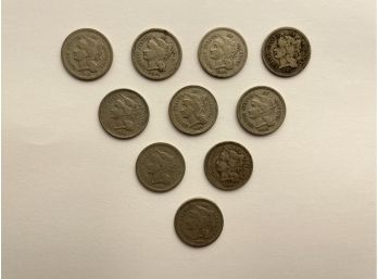 Ten 1865 Three Cent Nickels