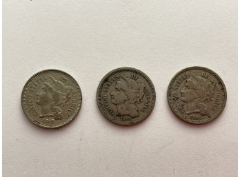 Three 1866 Silver 3 Cent Pieces