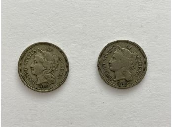 Two 1869 Nickel Three Cent Pieces