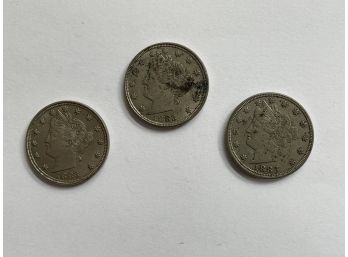 Three 1883 Liberty Head 'V' Nickels