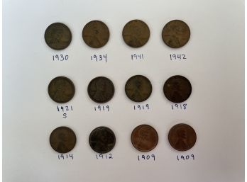 Twelve Lincoln Wheat Pennies (1909-1942)