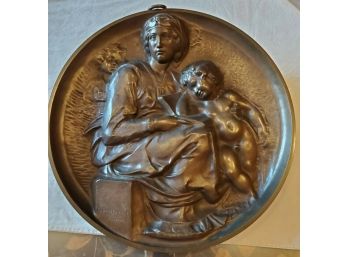 Large Bronze Plaque In Relief By Ferdinand Barbedienne, Foundeur, Of A Sitting Mother With Her Two Children